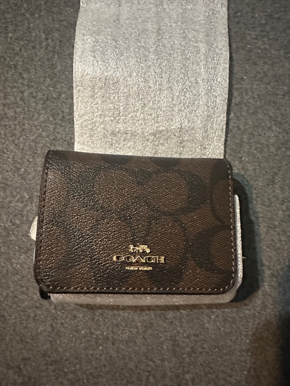 Coach Dark Brown Signature Compact Card Holder with Gold Logo
